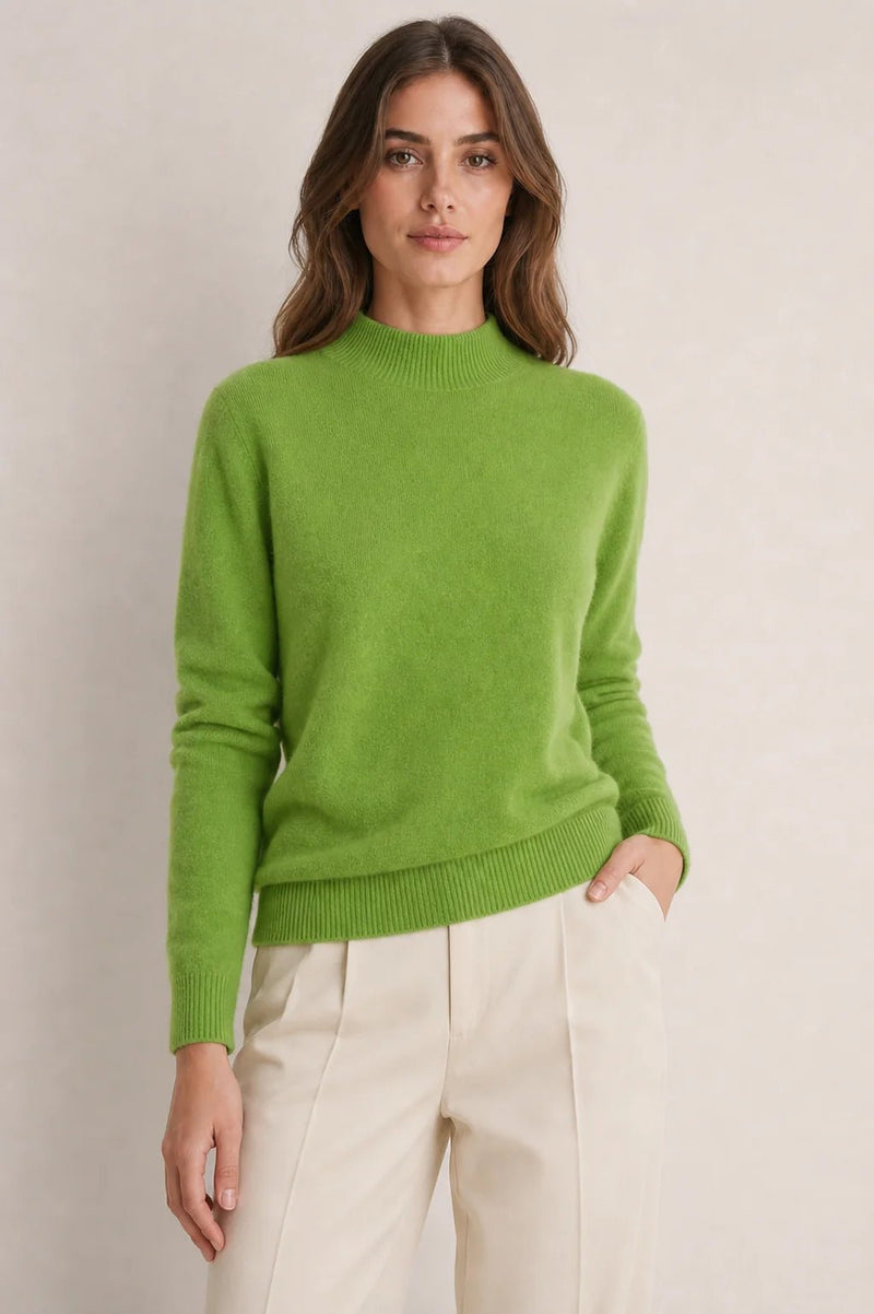 Sofaine Stella mock-neck knit sweater in apple green, worn front view