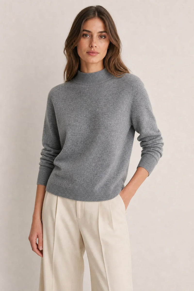 Sofaine Stella mock-neck knit sweater in grey melange, worn front view