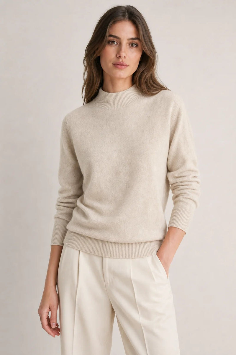 Sofaine Stella mock-neck knit sweater in oatmeal beige, worn front view