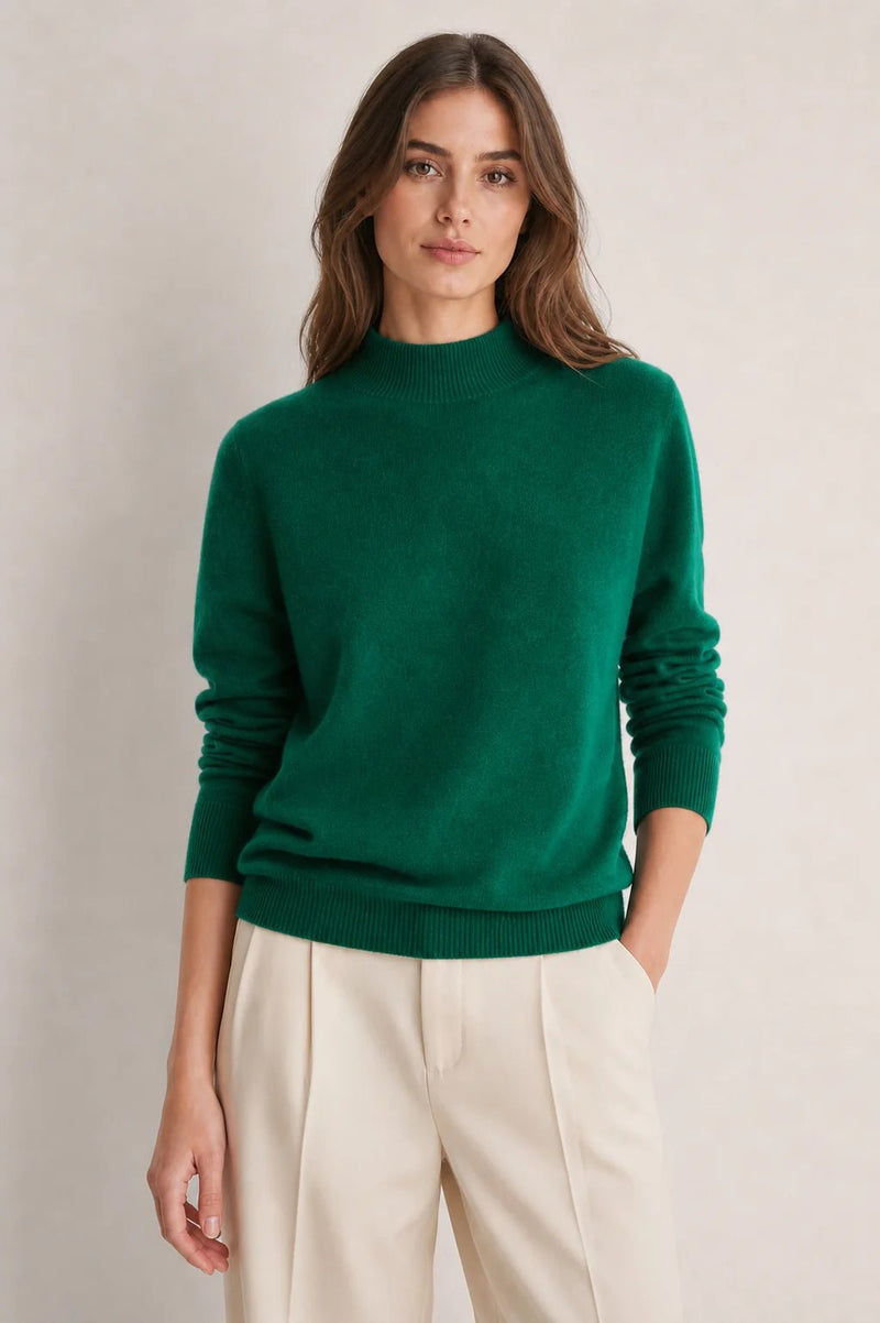 Sofaine Stella mock-neck knit sweater in emerald green, worn front view