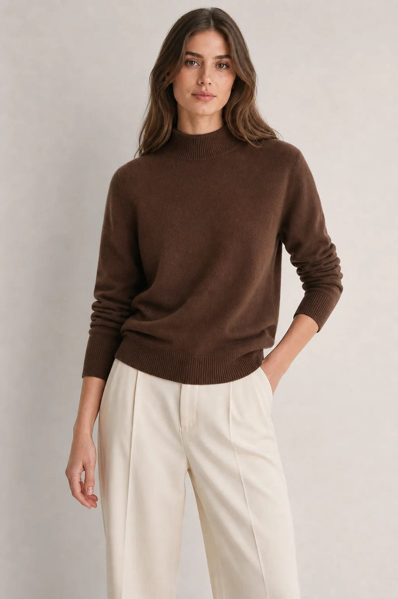 Sofaine Stella mock-neck knit sweater in chocolate brown, worn front view