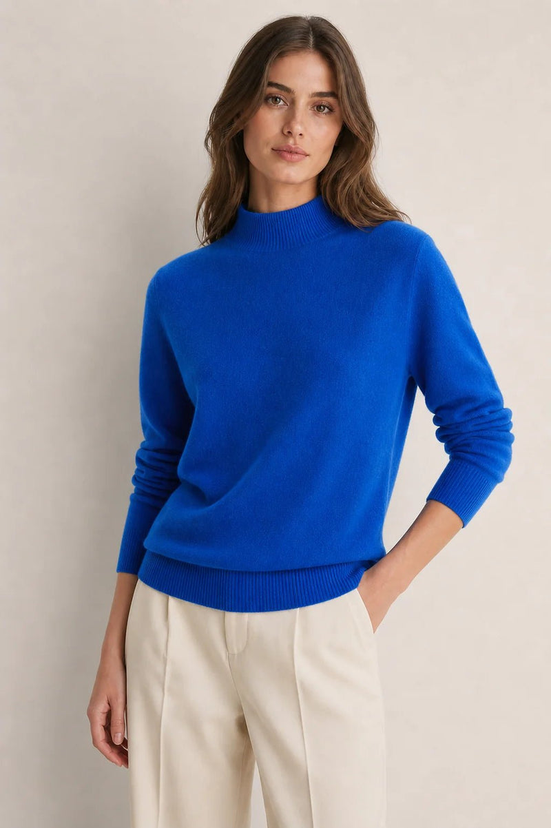 Sofaine Stella mock-neck knit sweater in cobalt blue, worn front view