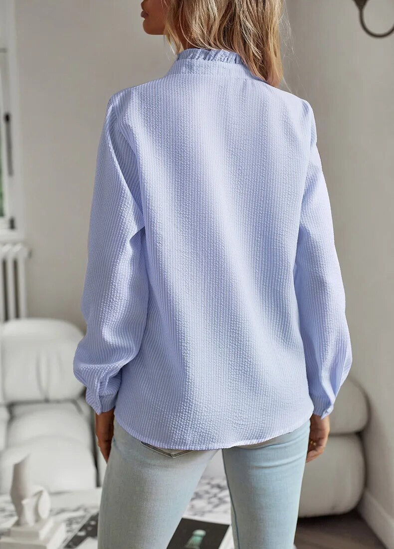 Textured Ruffle Blouse for Women with Mandarin Collar and Button Front in Blue, back view