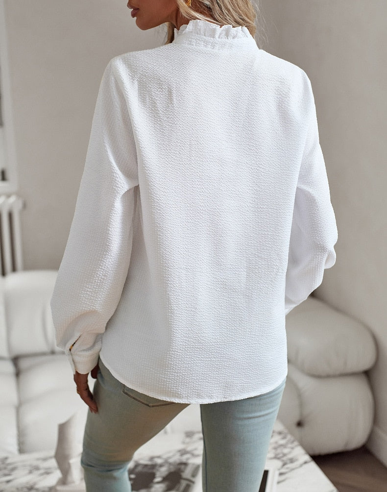 Textured Ruffle Blouse for Women with Mandarin Collar and Button Front in White, back view