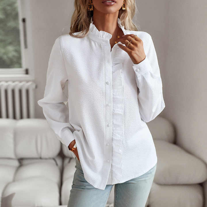 Textured Ruffle Blouse for Women with Mandarin Collar and Button Front in White, front view