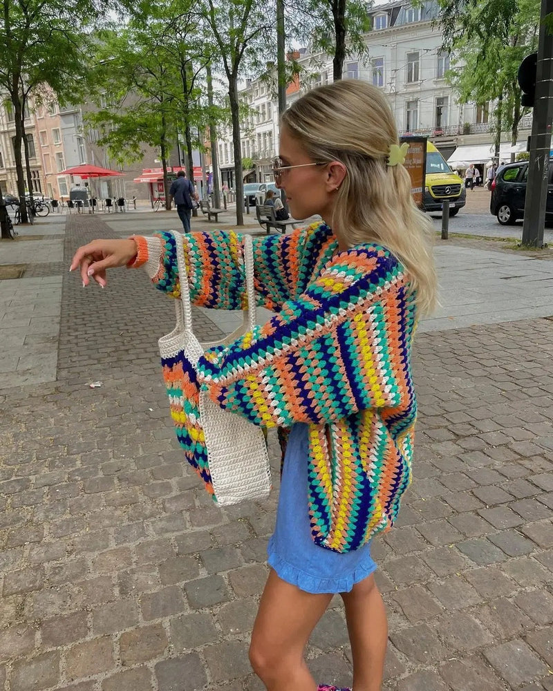 Rainbow Striped Crochet Cardigan for Women with Open Front and Ribbed Cuffs in Multicolor, back view