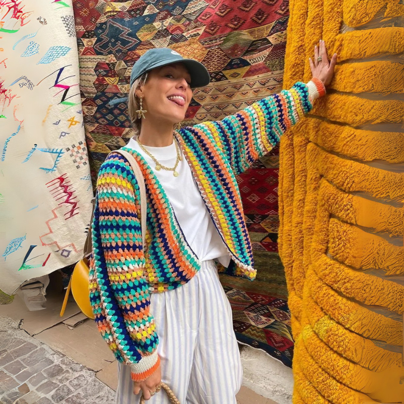 Rainbow Striped Crochet Cardigan for Women with Open Front and Ribbed Cuffs in Multicolor, styled front view