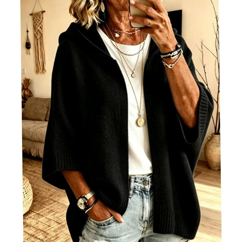 Hooded Open Front Knit Cardigan for Women with Relaxed Fit and 3/4 Sleeves in Black, front view