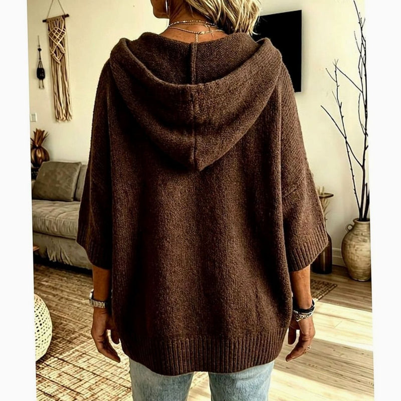 Hooded Open Front Knit Cardigan for Women with Relaxed Fit and 3/4 Sleeves in Coffee, back view