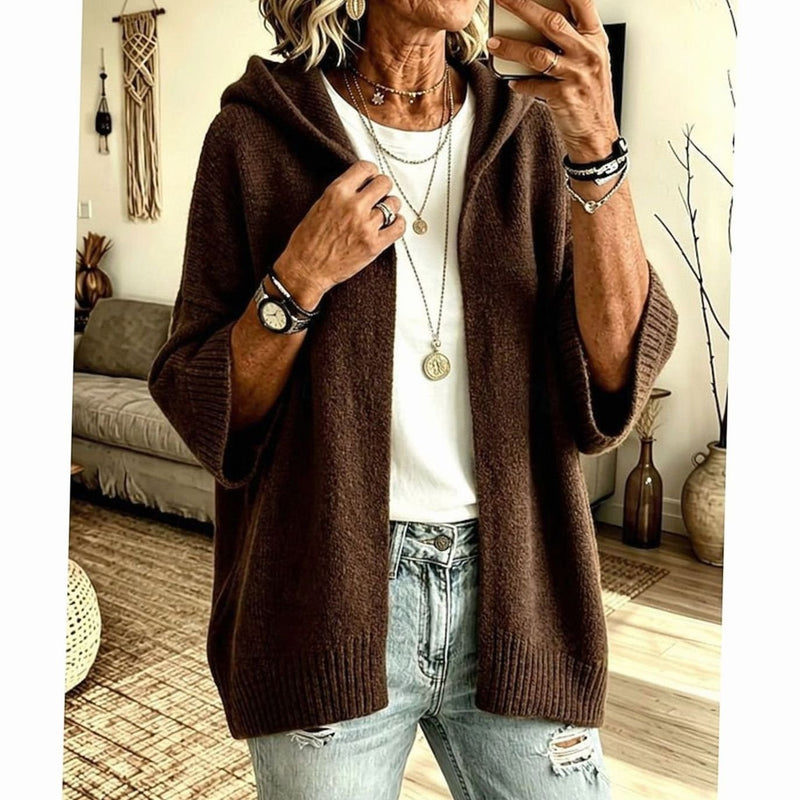 Hooded Open Front Knit Cardigan for Women with Relaxed Fit and 3/4 Sleeves in Coffee, open front view