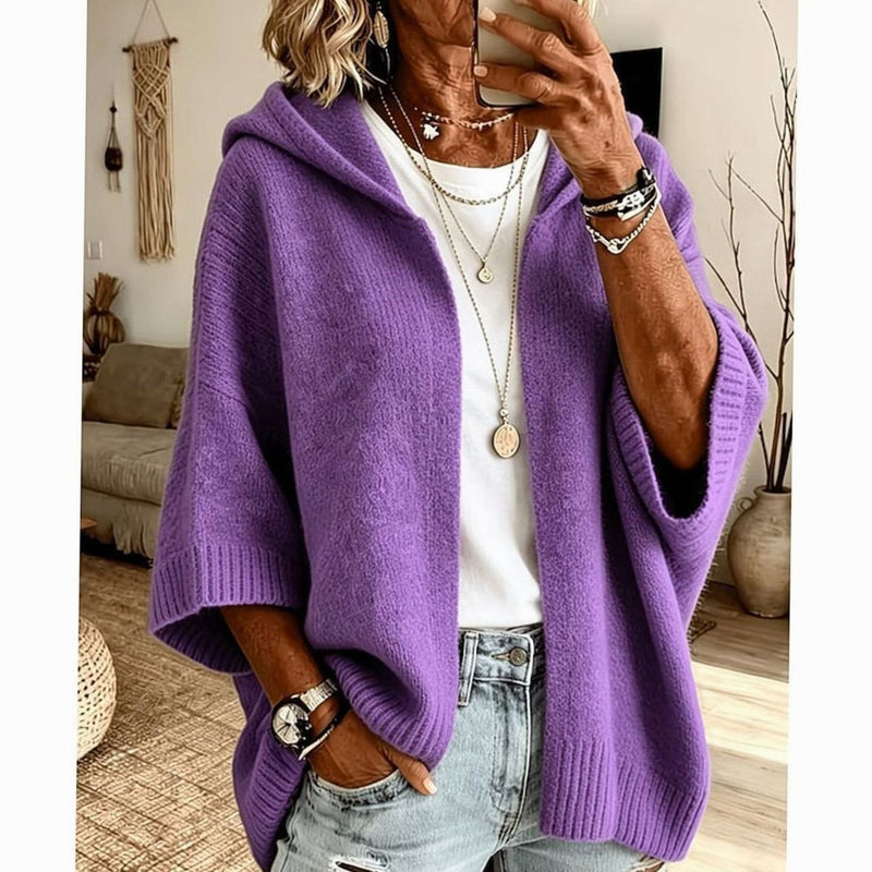Hooded Open Front Knit Cardigan for Women with Relaxed Fit and 3/4 Sleeves in Purple, front view
