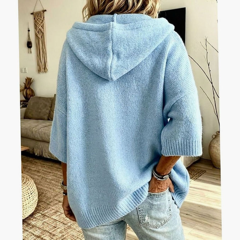 Hooded Open Front Knit Cardigan for Women with Relaxed Fit and 3/4 Sleeves in Sky Blue, back view
