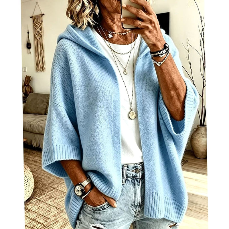 Hooded Open Front Knit Cardigan for Women with Relaxed Fit and 3/4 Sleeves in Sky Blue, front view