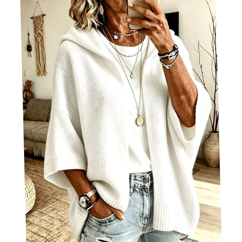 Hooded Open Front Knit Cardigan for Women with Relaxed Fit and 3/4 Sleeves in White, front view
