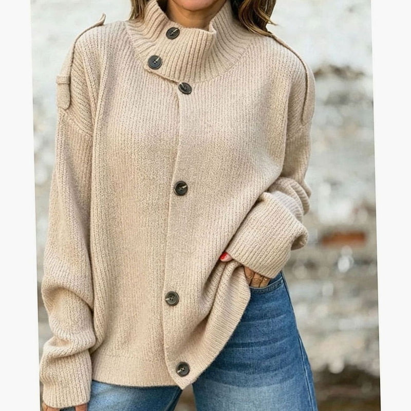 Oversized Button Up Cardigan for Women with Stand Collar and Shoulder Tabs in Beige, front view