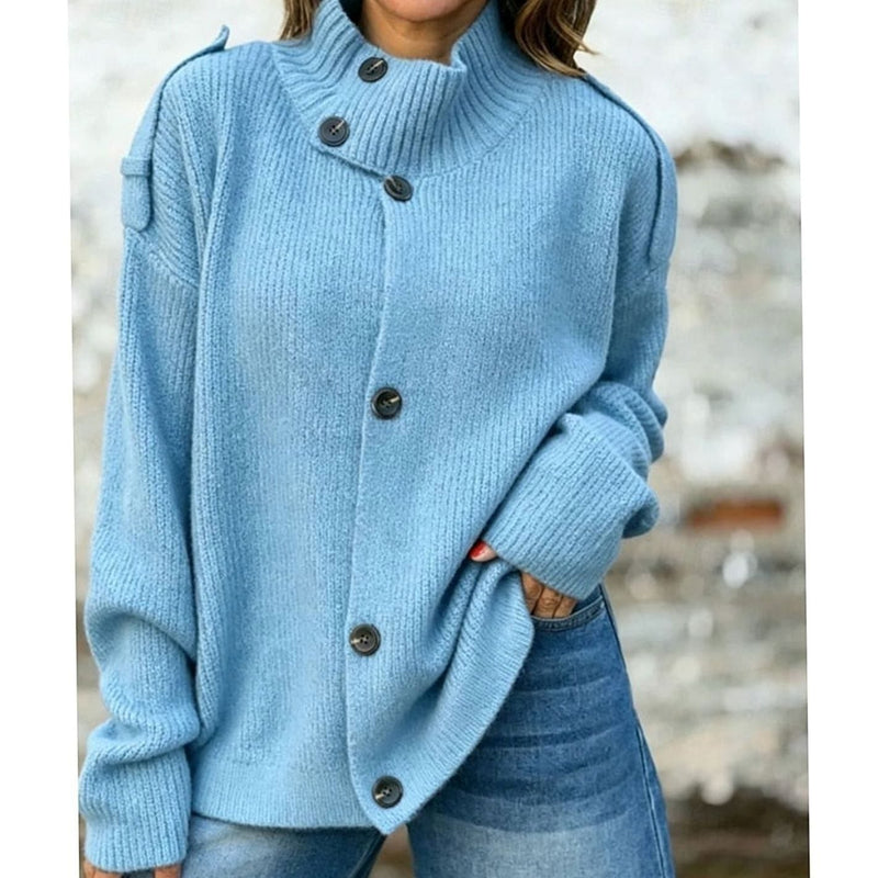 Oversized Button Up Cardigan for Women with Stand Collar and Shoulder Tabs in Blue, front view