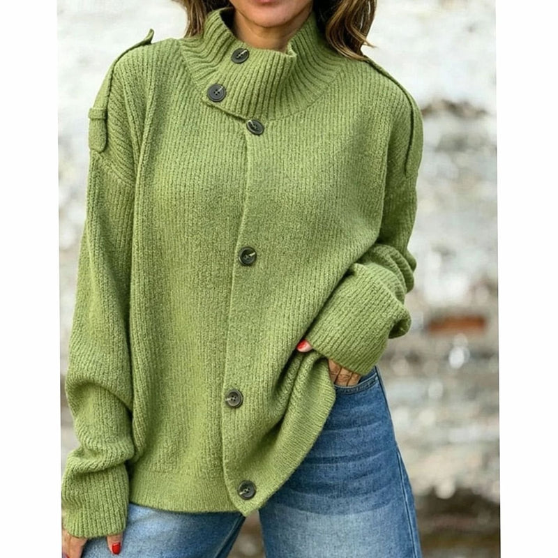 Oversized Button Up Cardigan for Women with Stand Collar and Shoulder Tabs in Green, front view