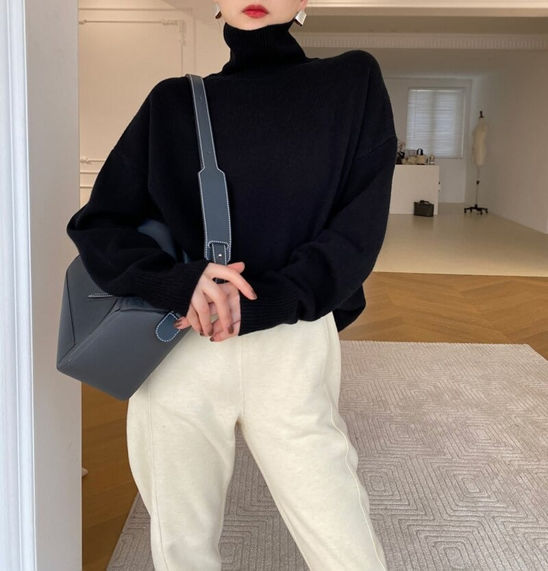 Oversized Knit Turtleneck Sweater for Women with Dropped Shoulders in Black, front view