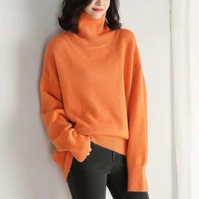 Oversized Knit Turtleneck Sweater for Women with Dropped Shoulders in Orange, front view