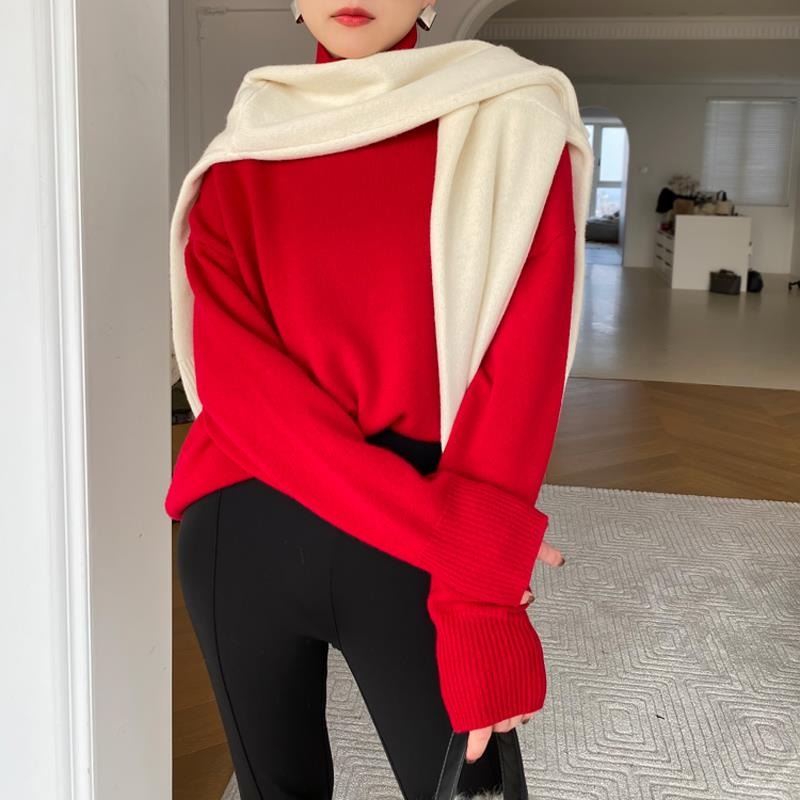 Oversized Knit Turtleneck Sweater for Women with Dropped Shoulders in Red, styled view