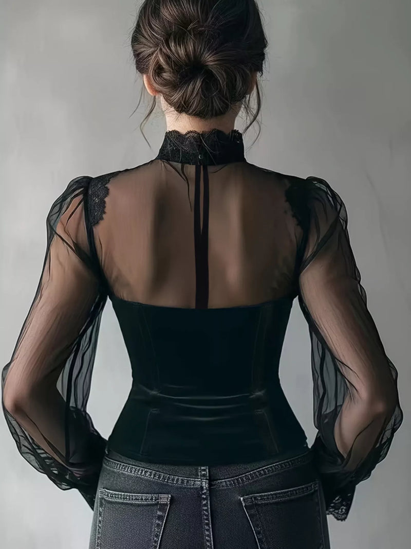 Velvet Lace Top for Women with Sheer Mesh Sleeves and High Neck in Black, back view