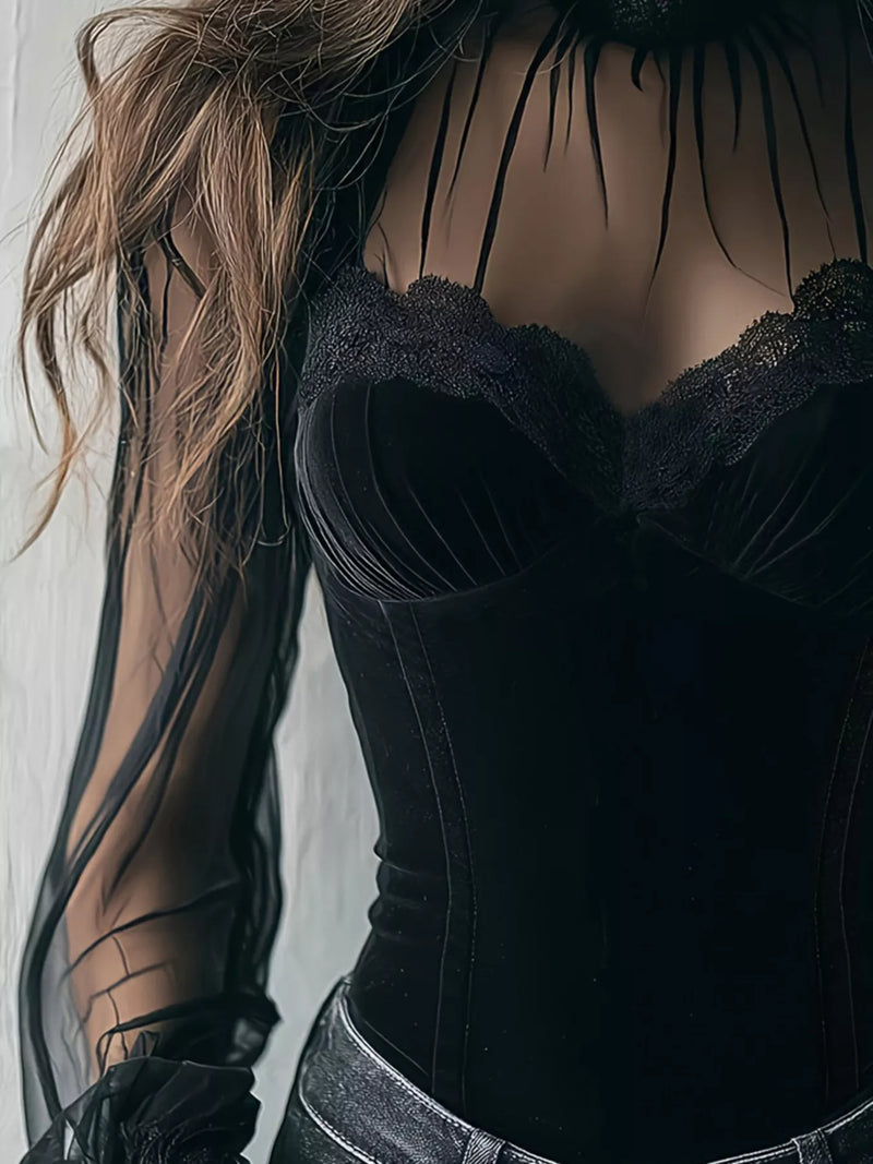 Velvet Lace Top for Women with Sheer Mesh Sleeves and High Neck in Black, close-up
