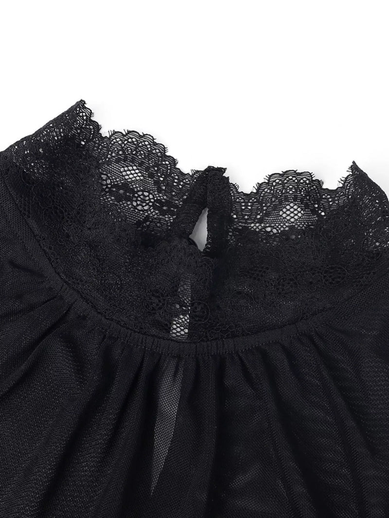 Velvet Lace Top for Women with Sheer Mesh Sleeves and High Neck in Black, collar detail