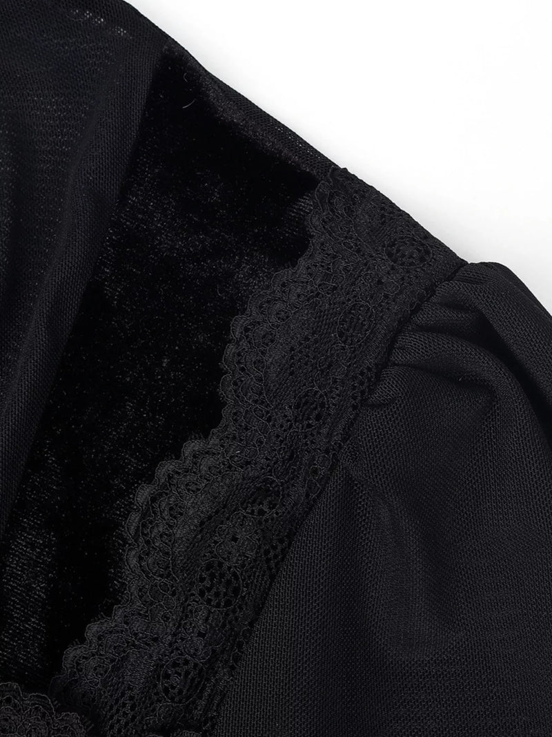 Velvet Lace Top for Women with Sheer Mesh Sleeves and High Neck in Black, lace detail
