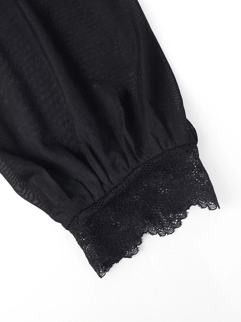 Velvet Lace Top for Women with Sheer Mesh Sleeves and High Neck in Black, sleeve cuff detail