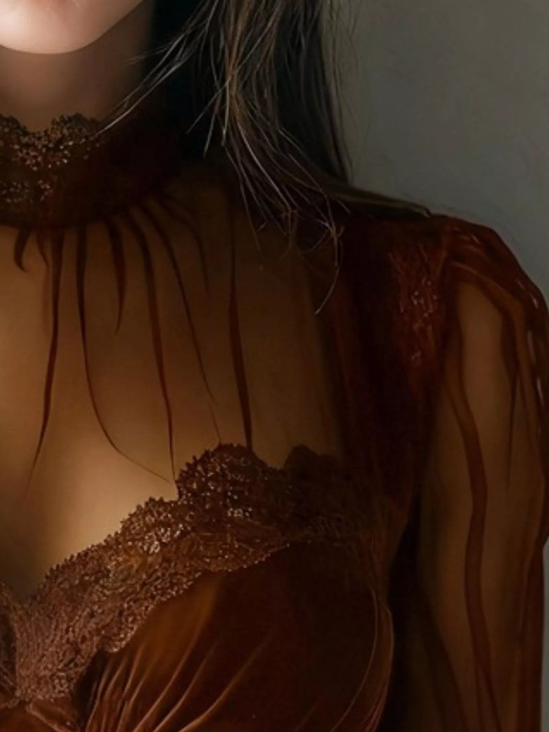 Velvet Lace Top for Women with Sheer Mesh Sleeves and High Neck in Caramel, close-up