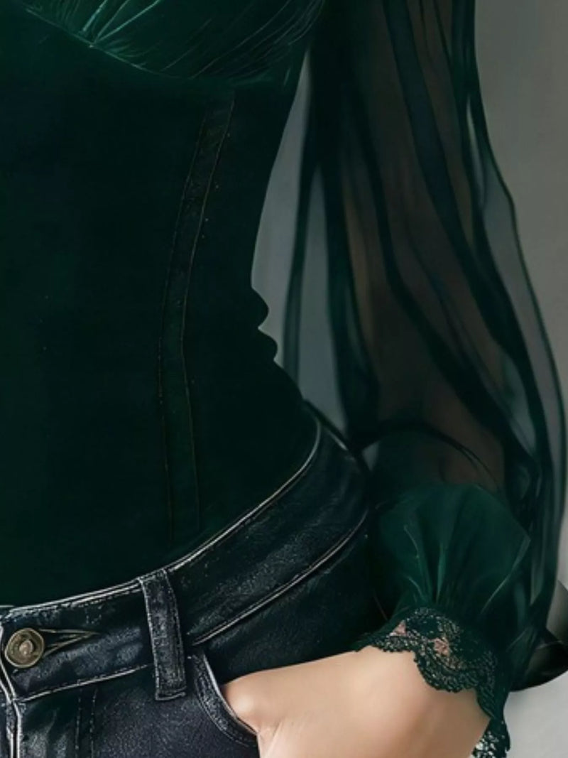 Velvet Lace Top for Women with Sheer Mesh Sleeves and High Neck in Dark Green, side detail