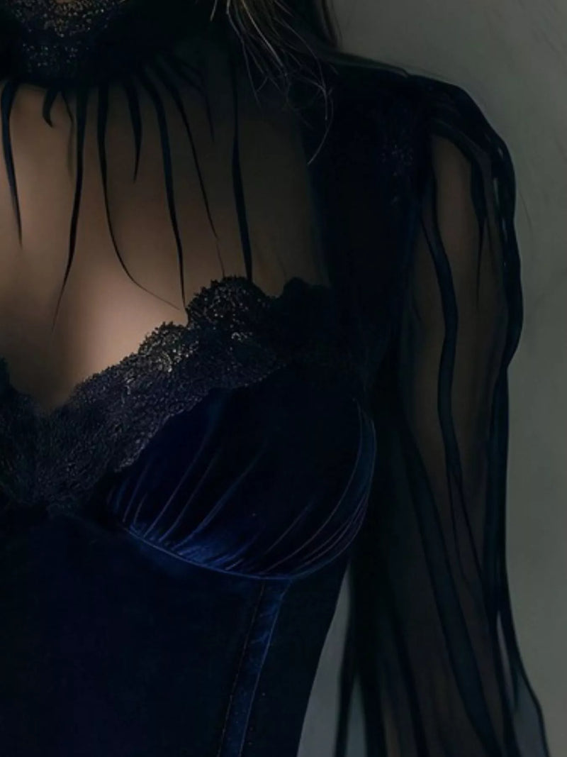 Velvet Lace Top for Women with Sheer Mesh Sleeves and High Neck in Navy Blue, close-up