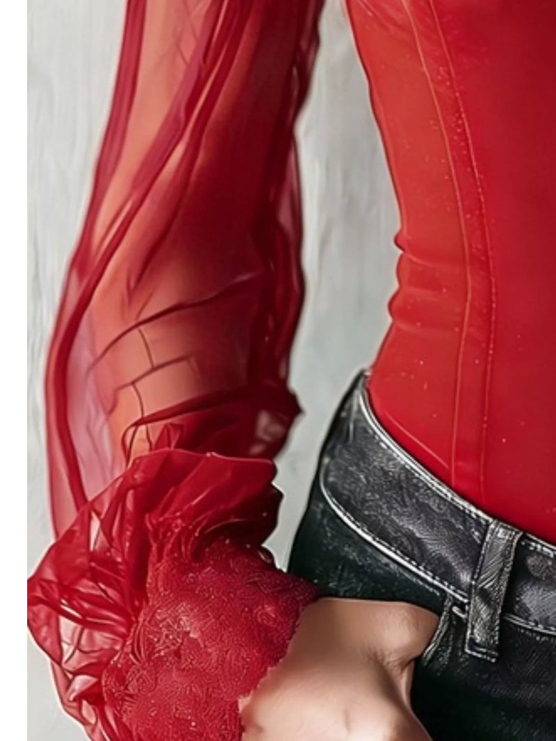 Velvet Lace Top for Women with Sheer Mesh Sleeves and High Neck in Red, sleeve detail