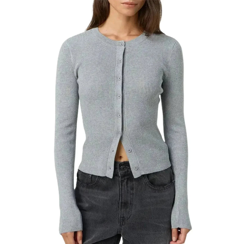 Fitted Ribbed Crew Neck Cardigan for Women with Button Front in Gray, front view