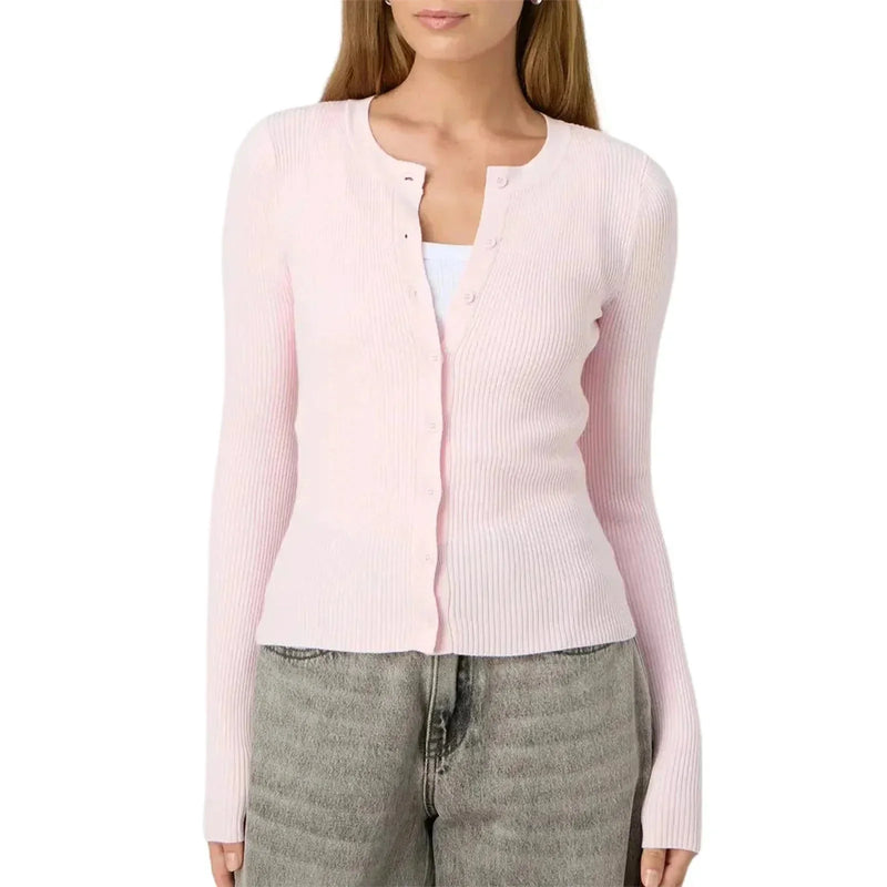 Fitted Ribbed Crew Neck Cardigan for Women with Button Front in Pink, front view