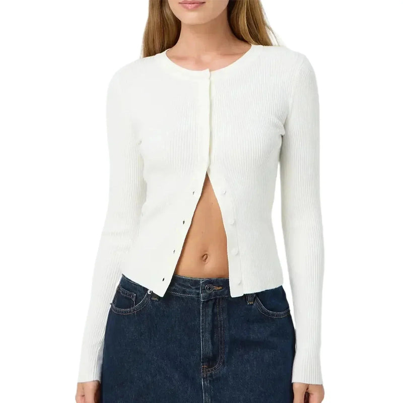 Fitted Ribbed Crew Neck Cardigan for Women with Button Front in White, front view