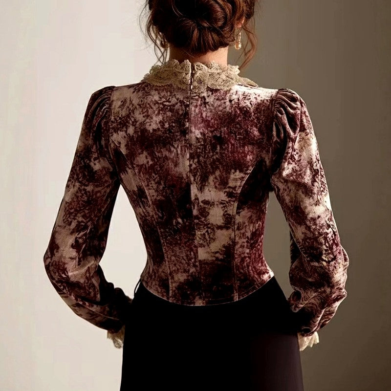 Floral Velvet Blouse for Women with Lace Collar and Button Front in Burgundy Floral, back view
