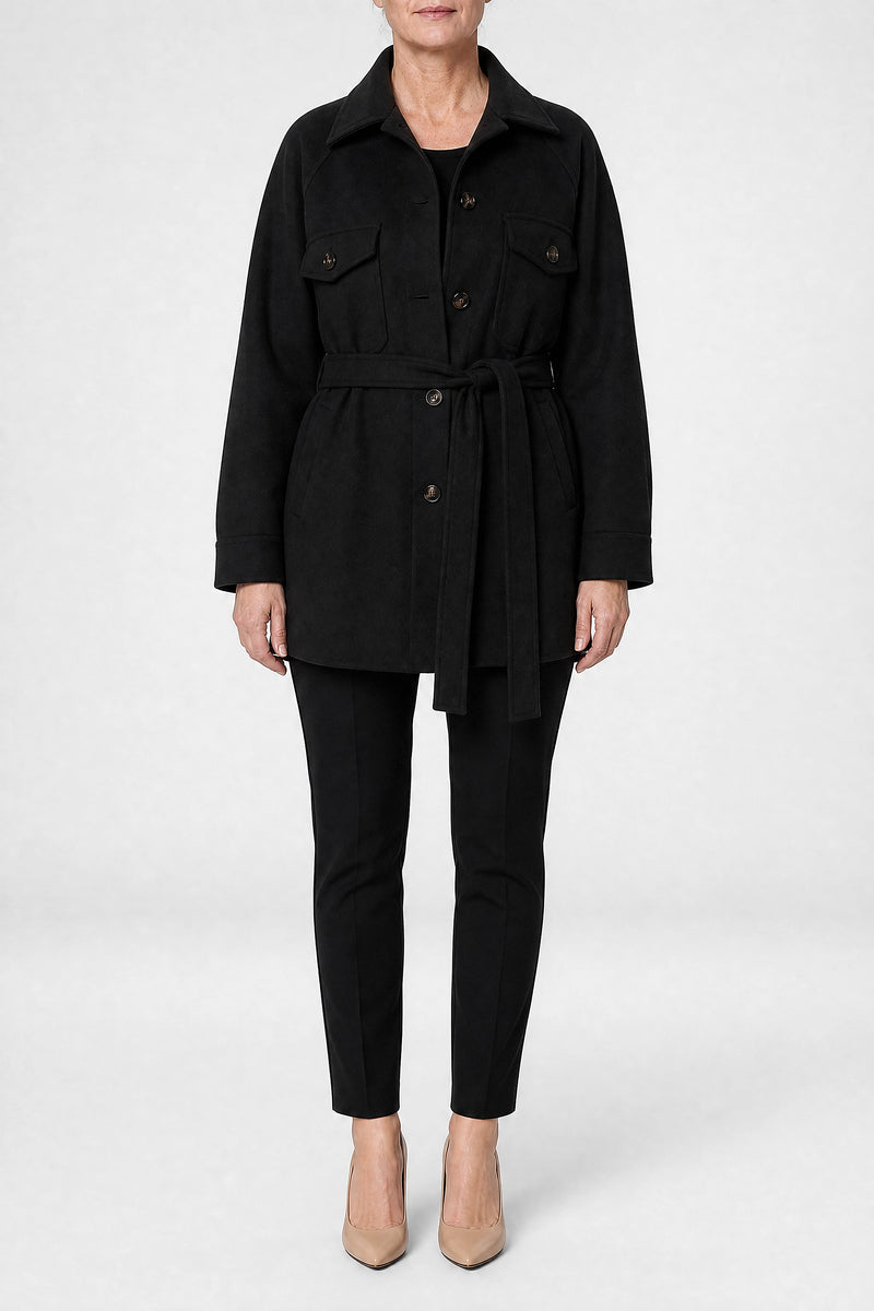 Sofaine Suzanne women's soft woven fabric jacket in Black, front view studio shot