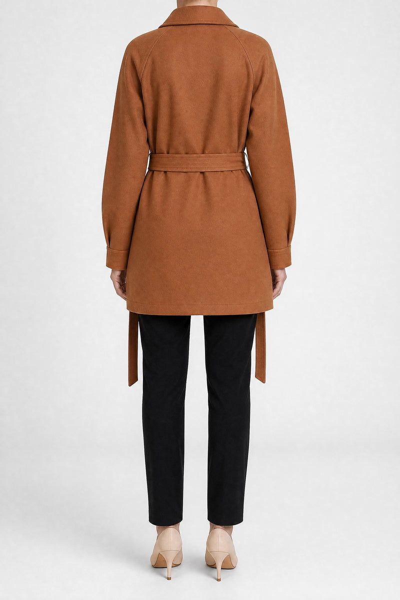 Sofaine Suzanne women's soft woven fabric jacket in Caramel, back view studio shot