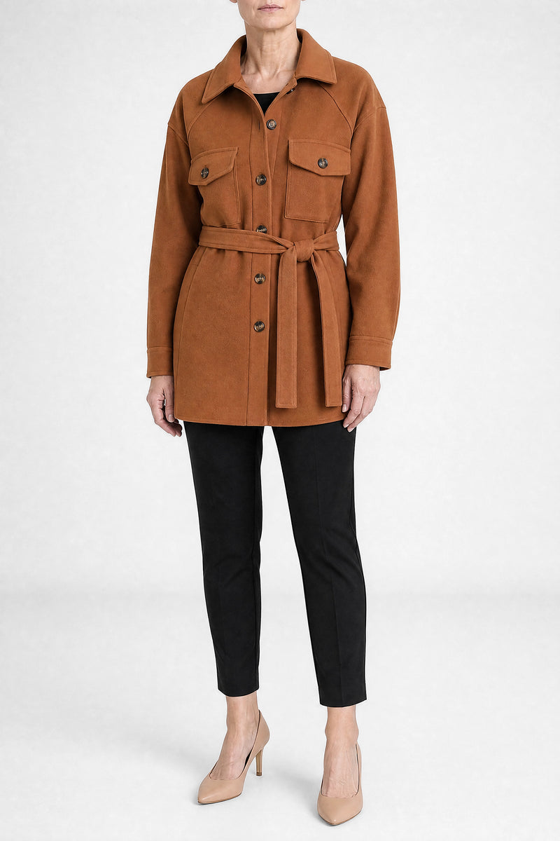 Sofaine Suzanne women's soft woven fabric jacket in Caramel, front view studio shot