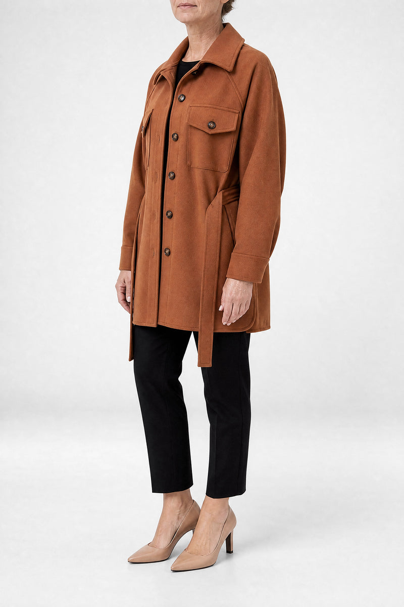 Sofaine Suzanne women's soft woven fabric jacket in Caramel, side view studio shot