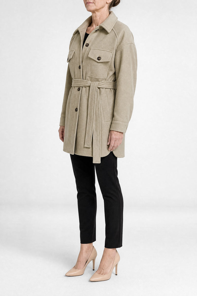Sofaine Suzanne women's soft woven fabric jacket in Khaki, side view studio shot
