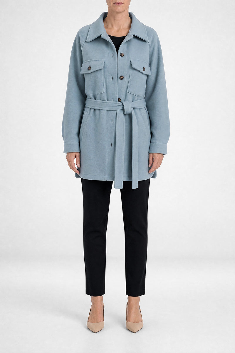 Sofaine Suzanne women's soft woven fabric jacket in Light blue, front view studio shot