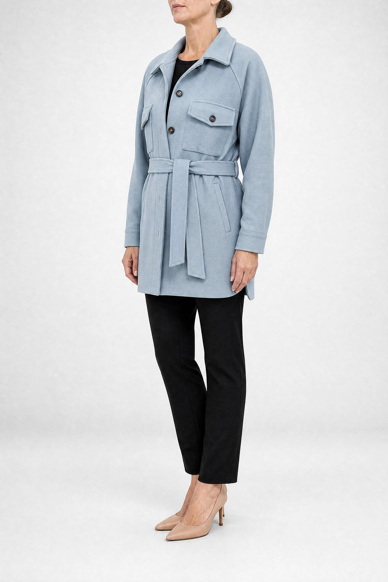 Sofaine Suzanne women's soft woven fabric jacket in Light blue, side view studio shot