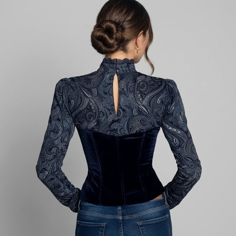 Velvet Paisley Blouse for Women with Lace Keyhole and High Collar in Navy, back view