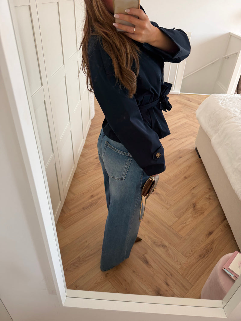 Stand Collar Cropped Trench Jacket for Women with Tie Belt, side view