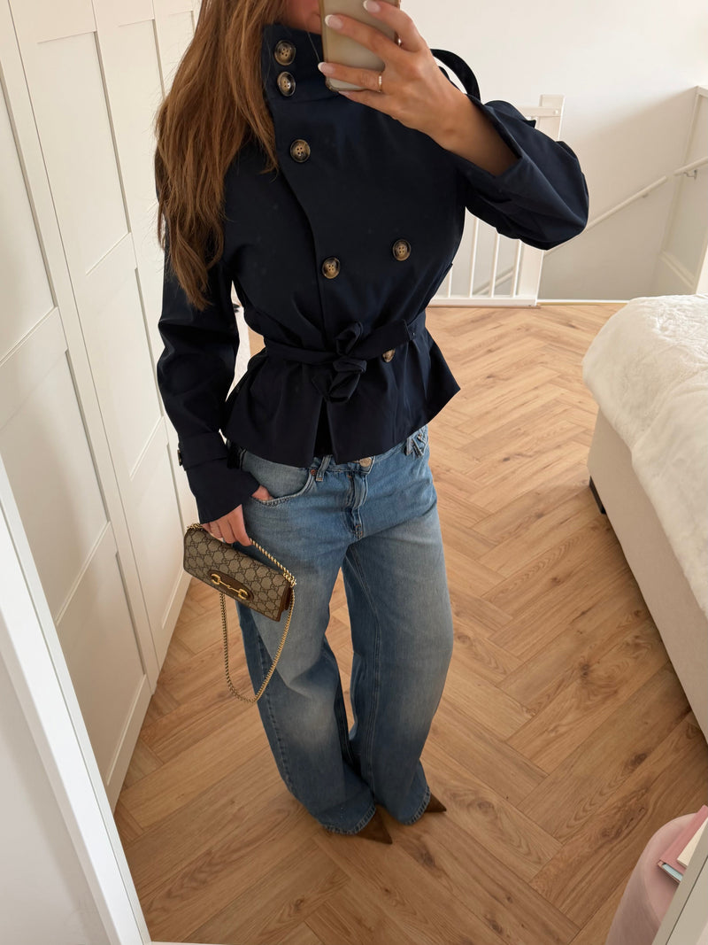 Stand Collar Cropped Trench Jacket for Women with Tie Belt, styled mirror view