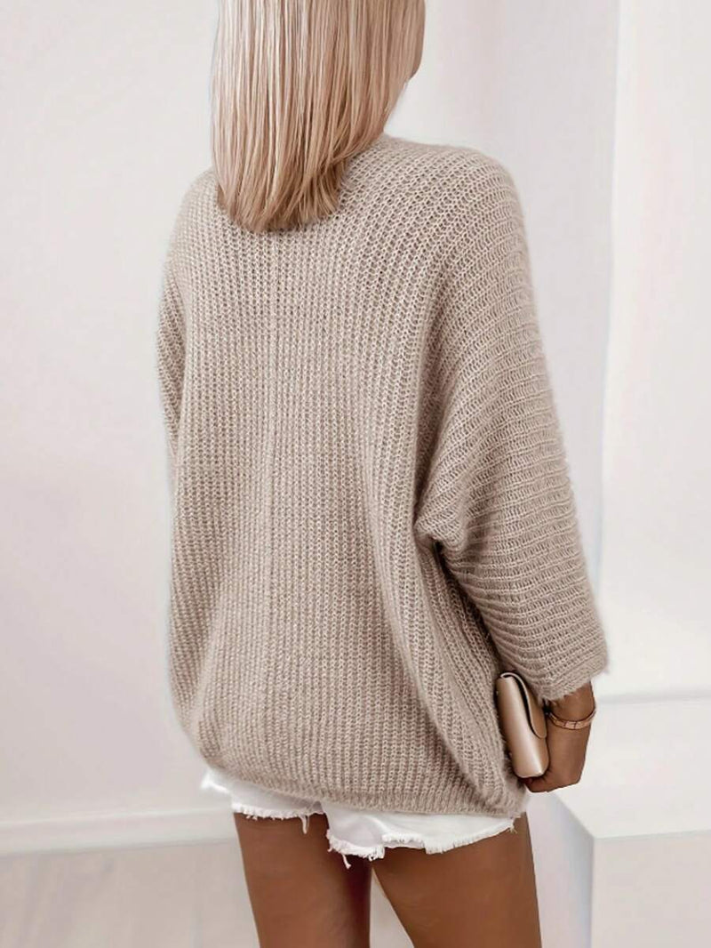 Rib Knit Open Front Cardigan for Women with Batwing Sleeves in Beige, back view