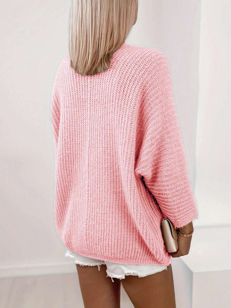 Rib Knit Open Front Cardigan for Women with Batwing Sleeves in Pink, back view