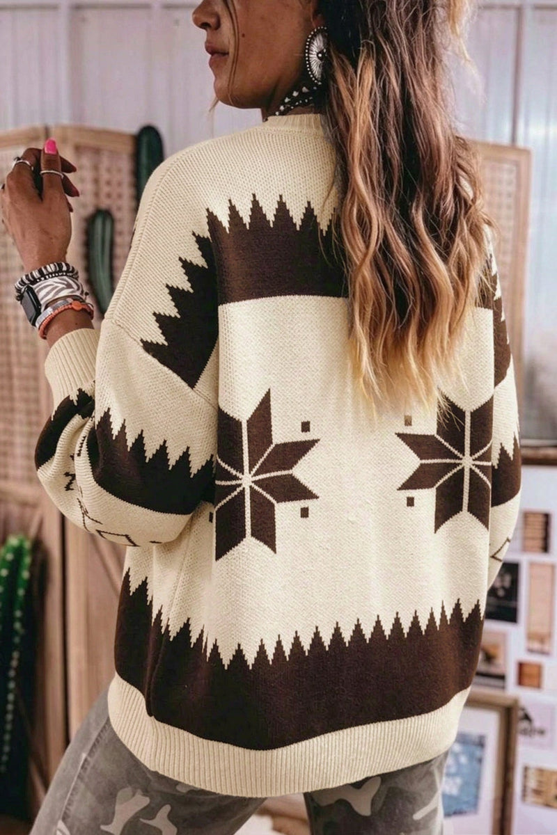Western Aztec Zip Up Cardigan for Women with Star Motif and Ribbed Cuffs in Beige, back view